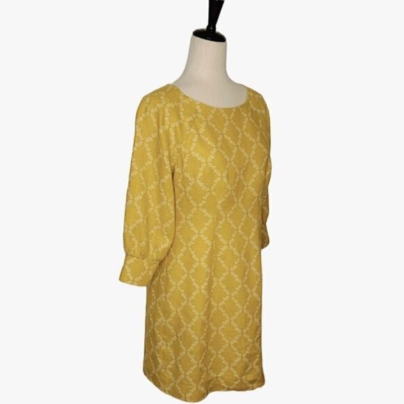 Boden Kate Mustard Yellow Pineapple 3/4 Sleeve 100% Linen Dress Size 8 Petite - Picture 2 of 9